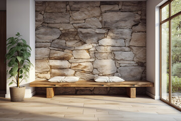 Interior of modern living room with brick walls, tiled floor, wooden bench and window with winter landscape. 3d render