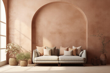 interior with brown wall, sofa and plant, 3d render