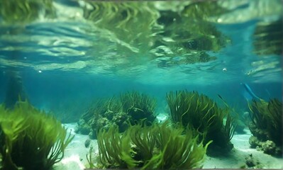 Fototapeta na wymiar coral reef in the sea underwater view of a group of seabed with green seagrass created with generative ai