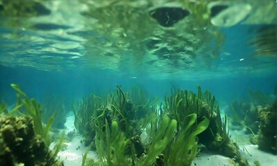 Fototapeta na wymiar coral reef in the sea underwater view of a group of seabed with green seagrass created with generative ai 