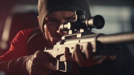 A Focused Marksman With a Beanie, Taking Aim at a Distant Target - obrazy, fototapety, plakaty