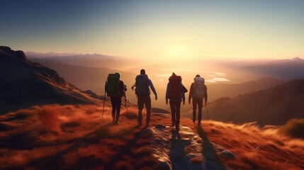 Hiking to the Summit: A Group of Adventurers Conquering a Majestic Mountain at Sunset