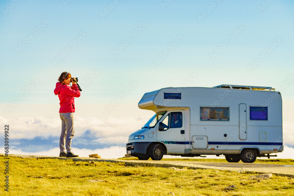 Poster tourist enjoy mountain view, traveling with caravan