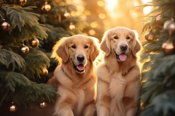 Two cute Golden retrievers in Christmas time sitting with New Year festive decoration and lights. Xmas atmosphere. Celebrating New year concept with pets