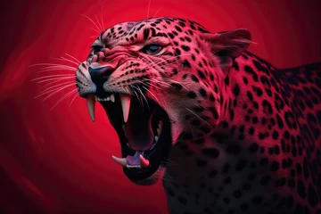 Tuinposter Roaring leopard on black background with neon pink light. Angry big cat, aggressive jaguar attacking. Animal for poster, print, card, banner © ratatosk