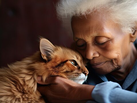 AI-generated closeup illustration of a cat and its elderly female owner. MidJourney.