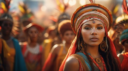 Obraz premium Colorful Headdress and Cultural Diversity: A Woman Standing in Front of a Group of People