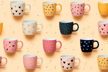 Retro pattern of coffee or tea cups. Pastel candy colors. Illustration, happiness, break, relax.