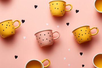 Retro pattern of coffee or tea cups. Pastel candy colors. Illustration, happiness, break, relax.