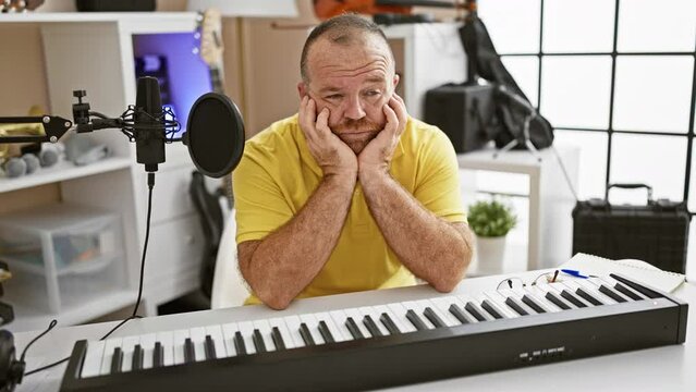 Bored, tired caucasian male musician, a sad, handsome portrait of a middle-aged pianist playing a somber song at a piano in an acoustic, indoor music studio