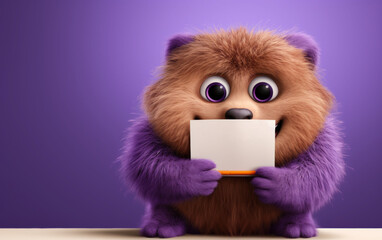 Fototapeta premium A cute little creature with a blank note for a message on a vibrant purple background. Copy space.