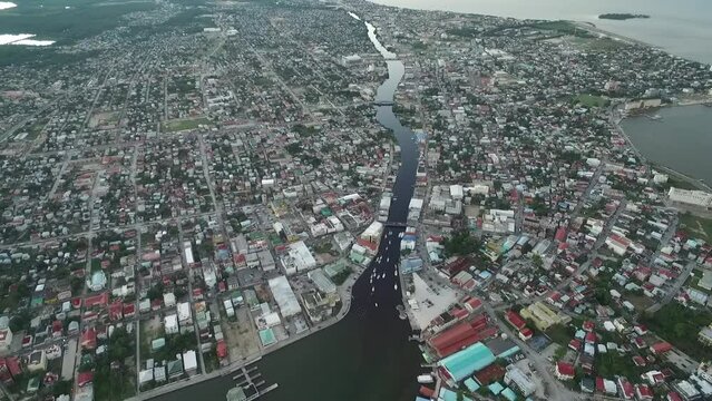 Sunset in Belize City and Downtown. Caribbean Country. Drone Point of View. Beautiful Skyline.