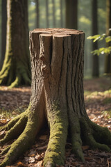 old overgrown mossy stump in forest close up, abstract natural green background. beautiful landscape. spring or summer season. display for product, template for design