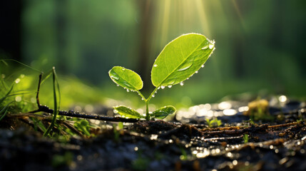 Sprouting leaves glisten with dew under rays of light, creating a peaceful natural atmosphere.