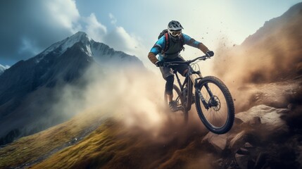 Naklejka premium The Thrilling Adventure of a Mountain Biker on a Treacherous, Rocky Trail