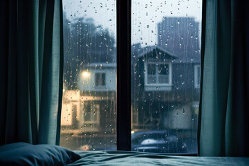 Room with a window on a rainy day