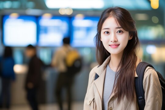 Young Asian woman with backpack standing in airport terminal. Beautiful smiling female student traveler starting her journey in domestic or international airport. Youth tourism, vacation concept.