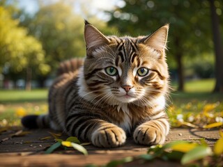 cute illustration of cat in the park with spotlight behind