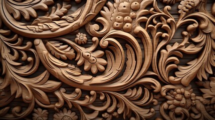 A Delicate Wooden Carving of a Flower and Leaves