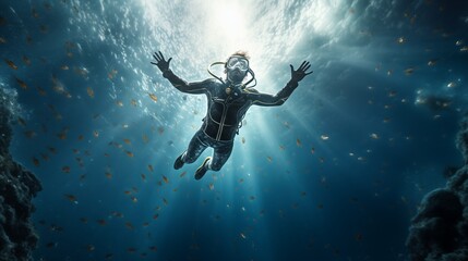 Obraz na płótnie Canvas The Aquatic Explorer: A Diver in a Protective Suit Explores the Underwater World