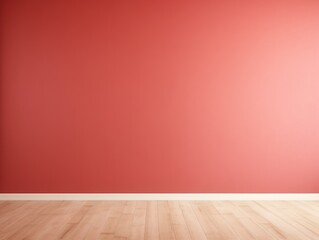 Bright happy red color classic wall background with copy space. Parquet floor. Mock up room.