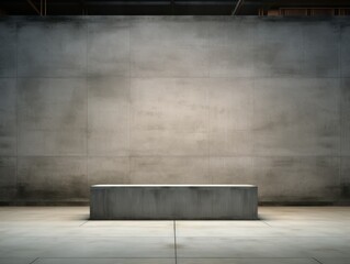 Industrial chic with a concrete podium in a warehouse wall background with copy space. Parquet floor. Mock up room. 3D style imitation.