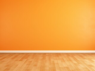 Orange classic wall background with copy space. Parquet floor. Mock up room.