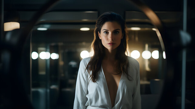 Sensual woman staring at herself in the mirror inside a hotel room, looking natural & beautiful in her white robe with a neckline that in part reveals the breasts, conjuring a mysterious & eerie vibe.