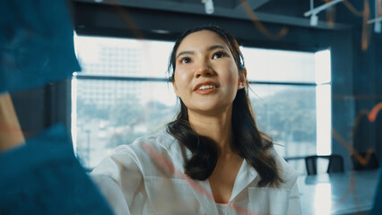 Professional businesswoman writing marketing idea on glass board. Smiling young beautiful project...