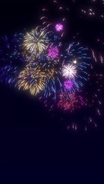 fireworks on dark night sky, multicolor new year celebration shiny ang glowing bursts, vertical 4k animation social media background design element
