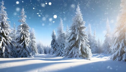 Obraz premium Magnificent Alpine landscape in winter. It's a wonderfully cold morning in the forest. Snow-covered pines in warm sunlight. Fantastic alpine mountains. Incredible winter background. Wonderful Christma