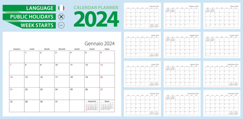Italian calendar planner for 2024. Italian language, week starts from Sunday. - obrazy, fototapety, plakaty