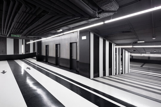 Spacious illuminated hallway with black and white floor