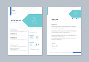 Modern Cv templates for interior design. Professional resume, cover letter business layout job applications. Vector minimalist presentation set