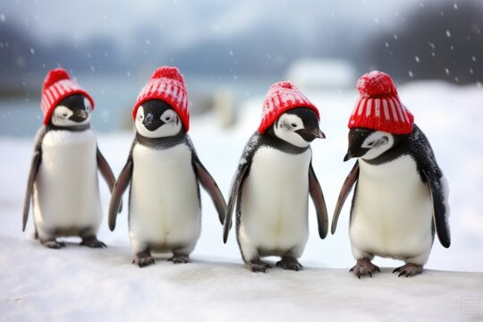 Penguins wearing Santa hats in a snowy Antarctic scene.