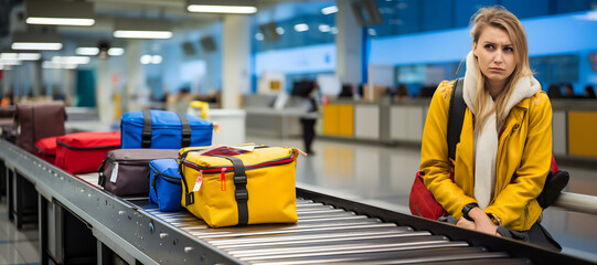 lost luggage at airport. frustrated flight passenger at luggage conveyor belt waiting for suitcase gone missing.