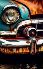 Old teal and orange 1950s car with rusty, chrome bumpers and paint work, fictitious design