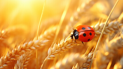 ladybug on ripe wheat - obrazy, fototapety, plakaty