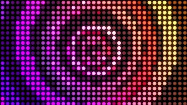 Shiny glowing neon disco LED lights retro background. 1970s colorful spinning spiral circles of light. Full HD motion background animation.