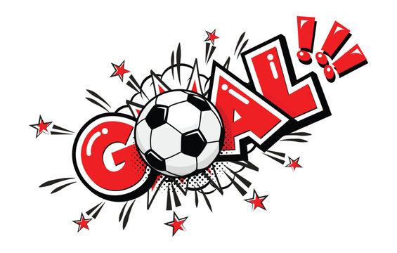 Goal football soccer comic icon. Ball and explosion text speech bubble. Vector sticker template on transparent background