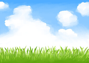 芝生と空と雲の手描きイラスト
