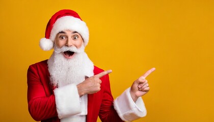Fototapeta na wymiar Santa Claus standing in front of yellow colored background and pointing towards blank space next to him. Winter seasonal sales and party invitations. christmas adverts discount point finger copyspace