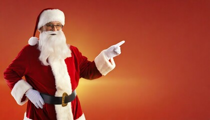 Fototapeta na wymiar Santa Claus standing in front of blue colored background and pointing towards blank space next to him. Winter seasonal sales and party invitations. christmas adverts discount point finger copyspace