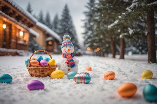 Generative AI illustration snowman with a colorful scarf stands next to a basket of colorful Easter eggs on snowy landscape with warm cabin lights