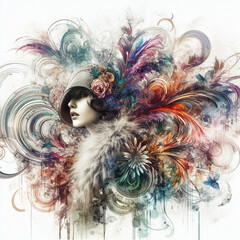 Abstract fantasy illustration featuring a close up portrait of striking 1920's Gatsby girl, pheasant cloche, fur stole, inspired by [Rolf Armstrong, Margaret Keane, Paul Poiret], enveloped in colorful