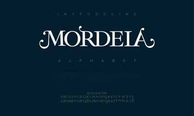 Mordela premium luxury elegant alphabet letters and numbers. Elegant wedding typography classic serif font decorative vintage retro. Creative vector illustration