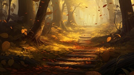 Fototapeta premium illustration of a forest scene in autumn, trees with golden leaves