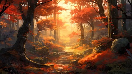 illustration of a forest scene in autumn, trees with golden leaves