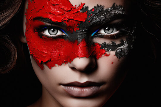 Generative AI illustration close-up of woman with striking blue eyes and dramatic red and black face paint evoking a sense of mystery artistic
