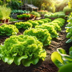 A vibrant garden scene with rows of fresh, green lettuce plants. The lettuce leaves are lush and healthy, growing in well-maintained soil